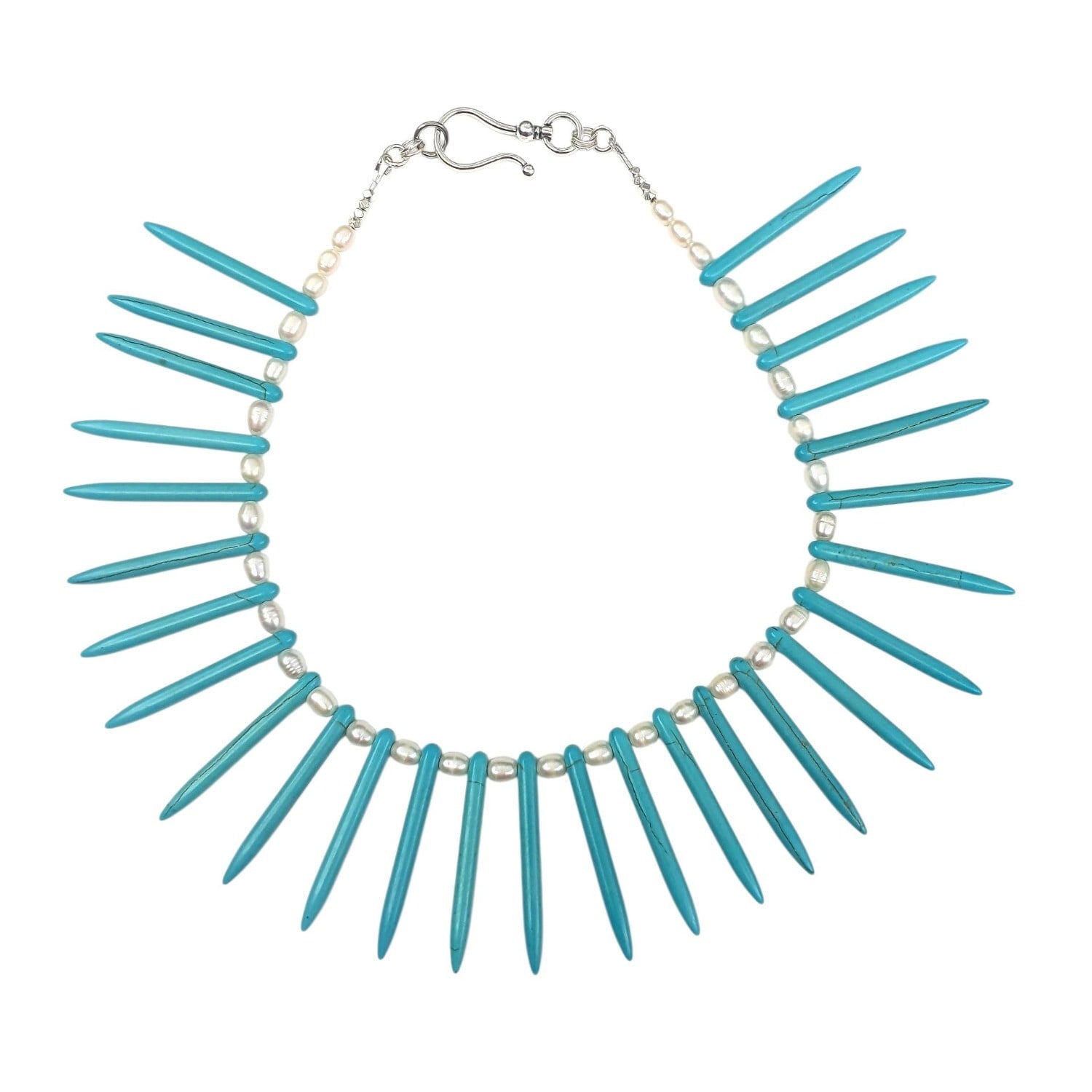 Turquoise Spike Necklace And Freshwater Pearl Earrings Set – Boho Statement Jewelry
