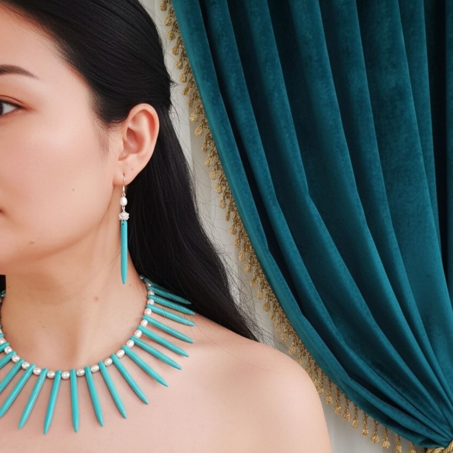 Turquoise Spike Necklace And Freshwater Pearl Earrings Set – Boho Statement Jewelry