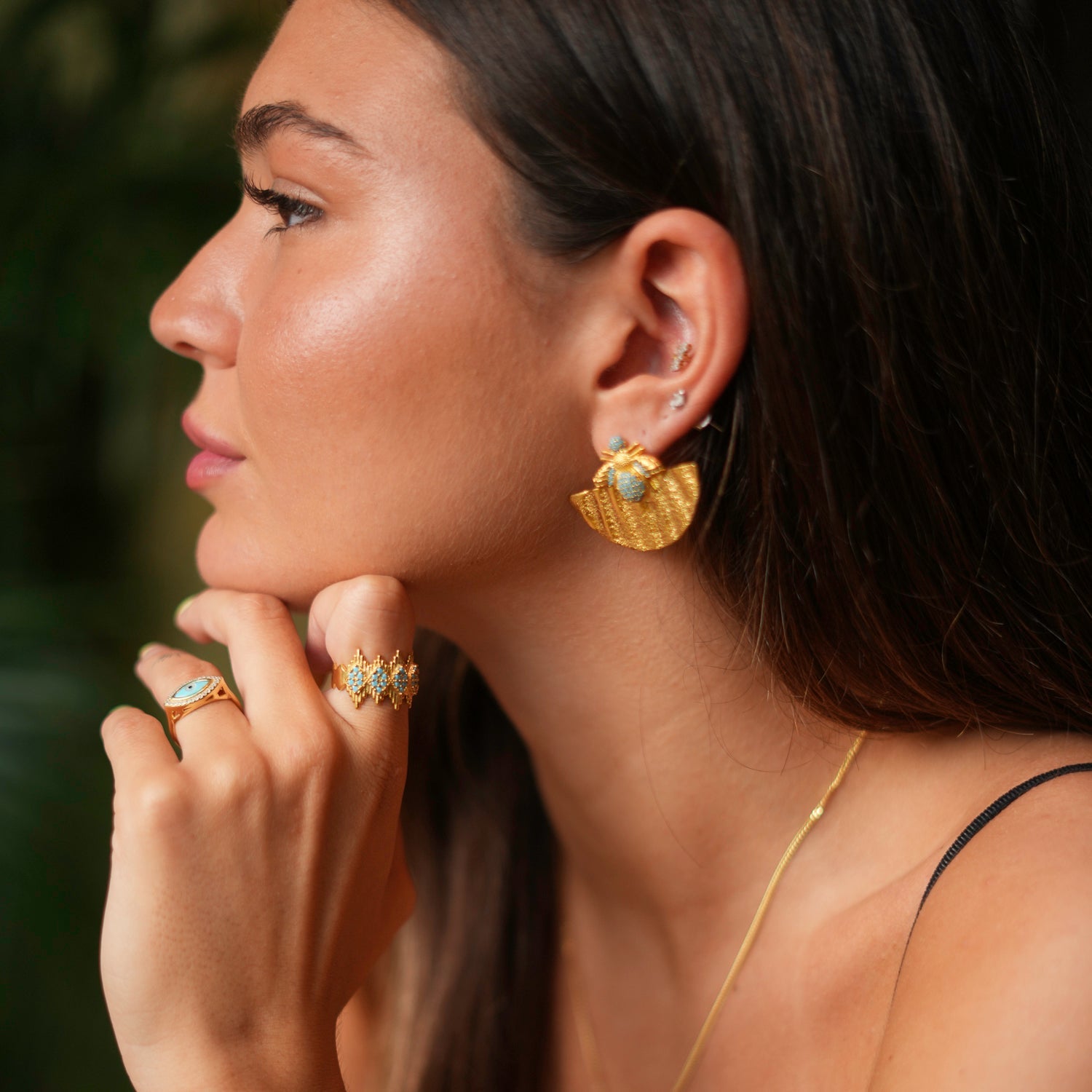 Turquoise Stone & Gold Crown Adjustable Statement Ring - Gold