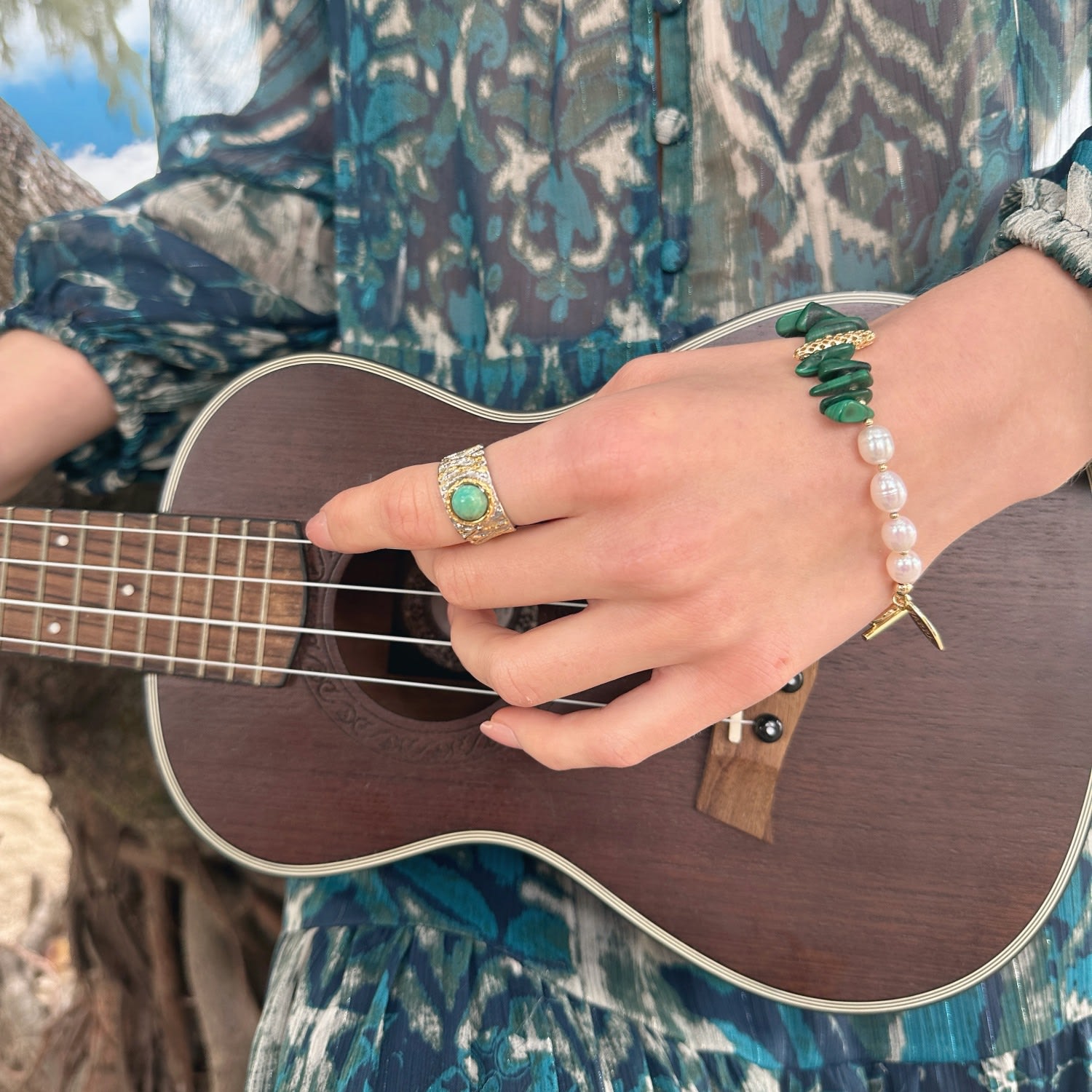 Turquoise Stone Platinum Plated Brass Adjustable Ring