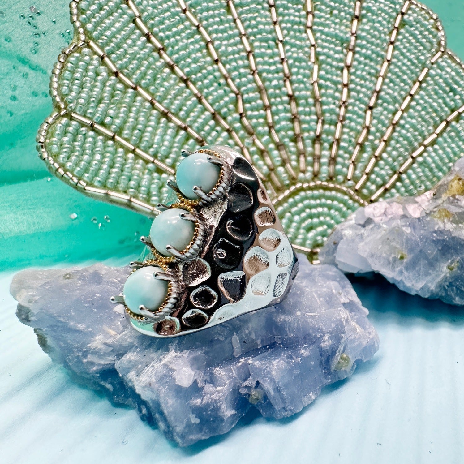 Turquoise Stones Platinum Plated Brass Adjustable Ring