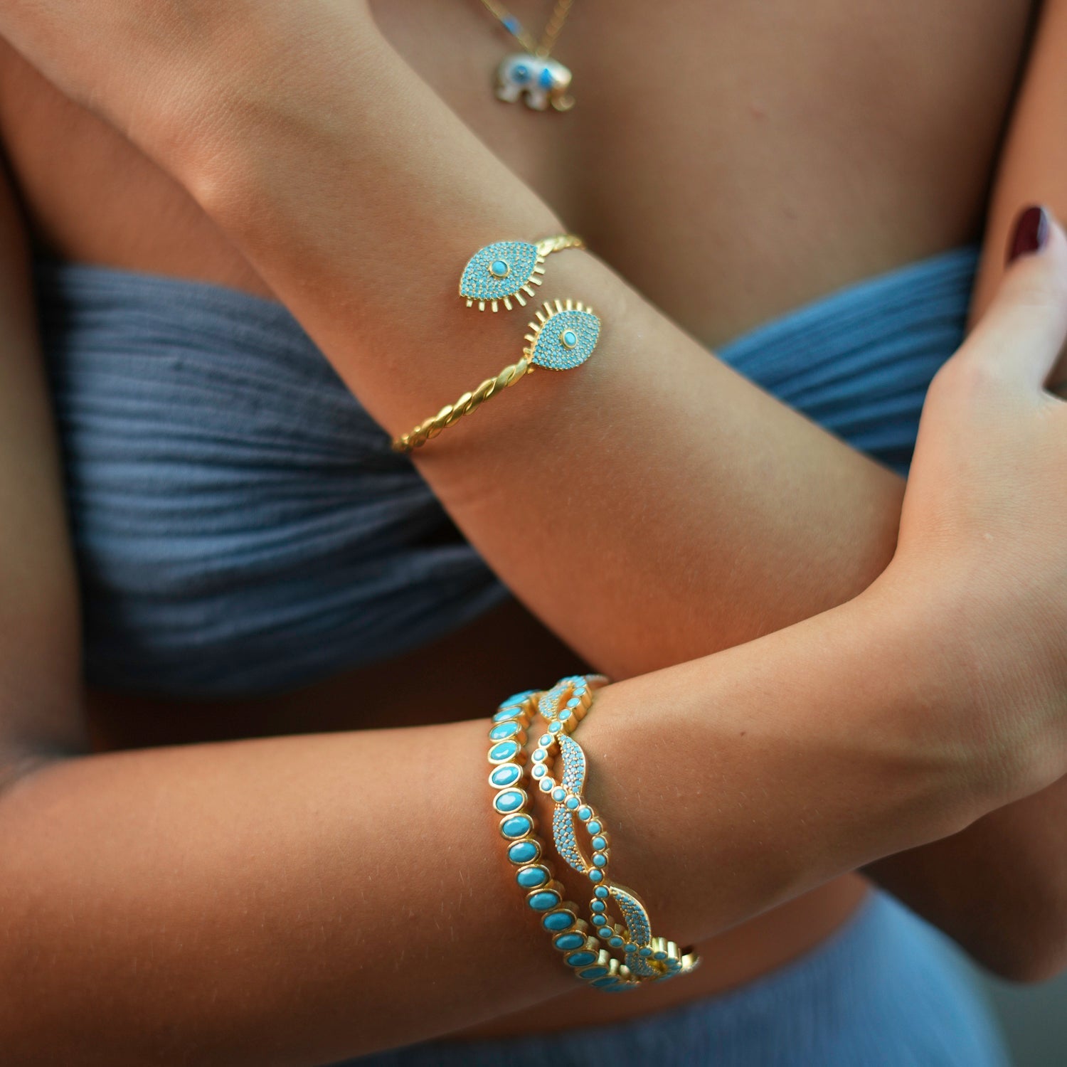 Modern Style Turquoise Gemstone & Gold Bangle Bracelet - Turquoise