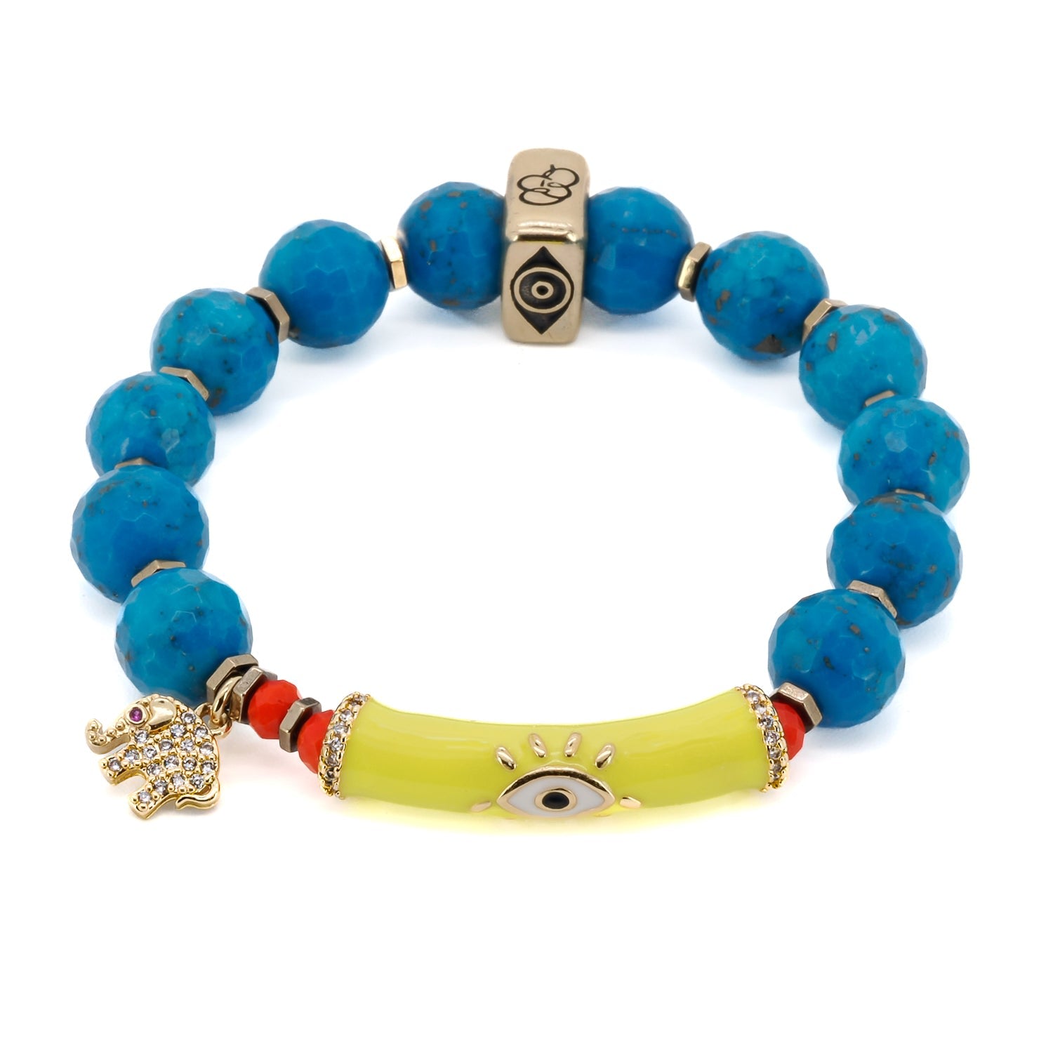 Evil Eye & Elephant Turquoise Stone Beaded Bracelet - Turquoise