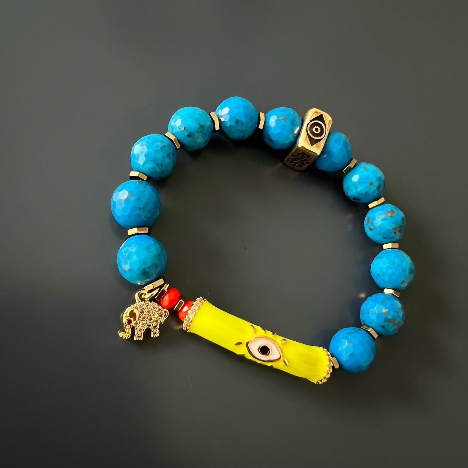 Evil Eye & Elephant Turquoise Stone Beaded Bracelet - Turquoise
