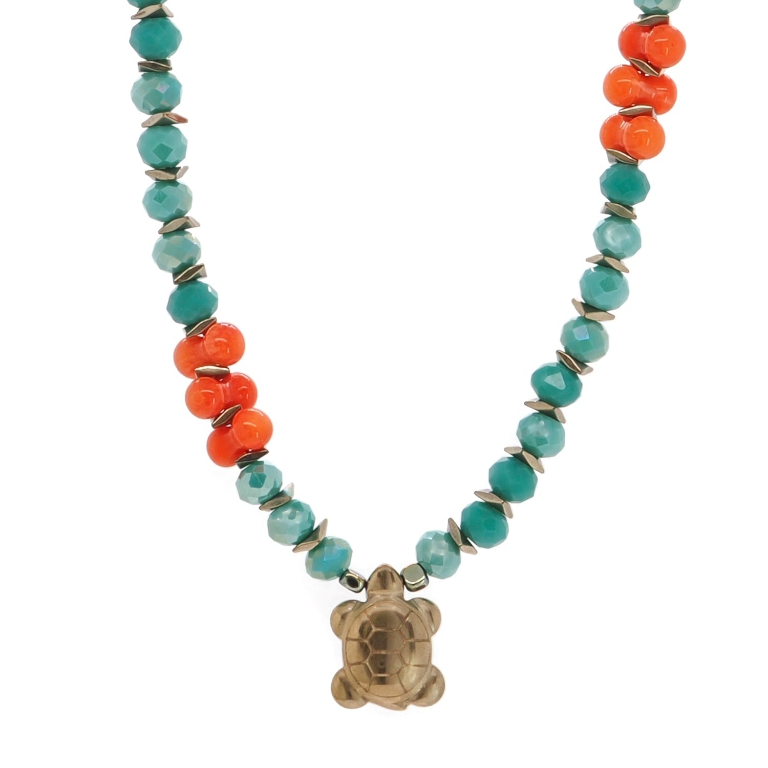 Turtle Blessing Green Crystal & Coral Beaded Necklace - Green