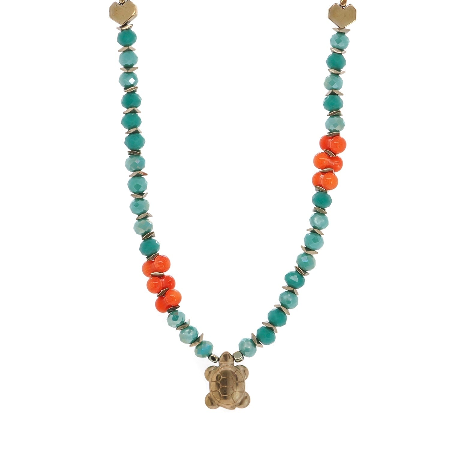 Turtle Blessing Green Crystal & Coral Beaded Necklace - Green