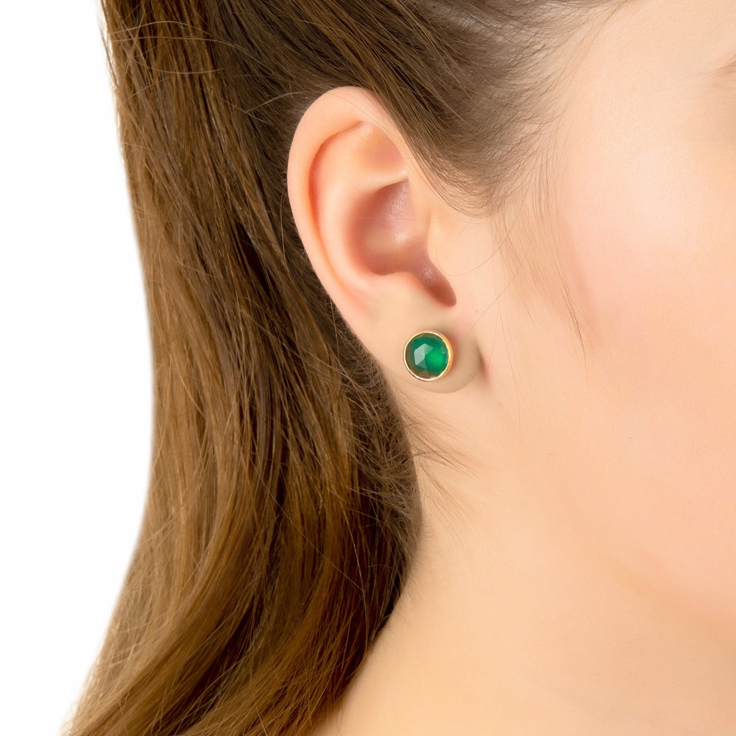 Medium Circle Stud Earrings Green Onyx Gold