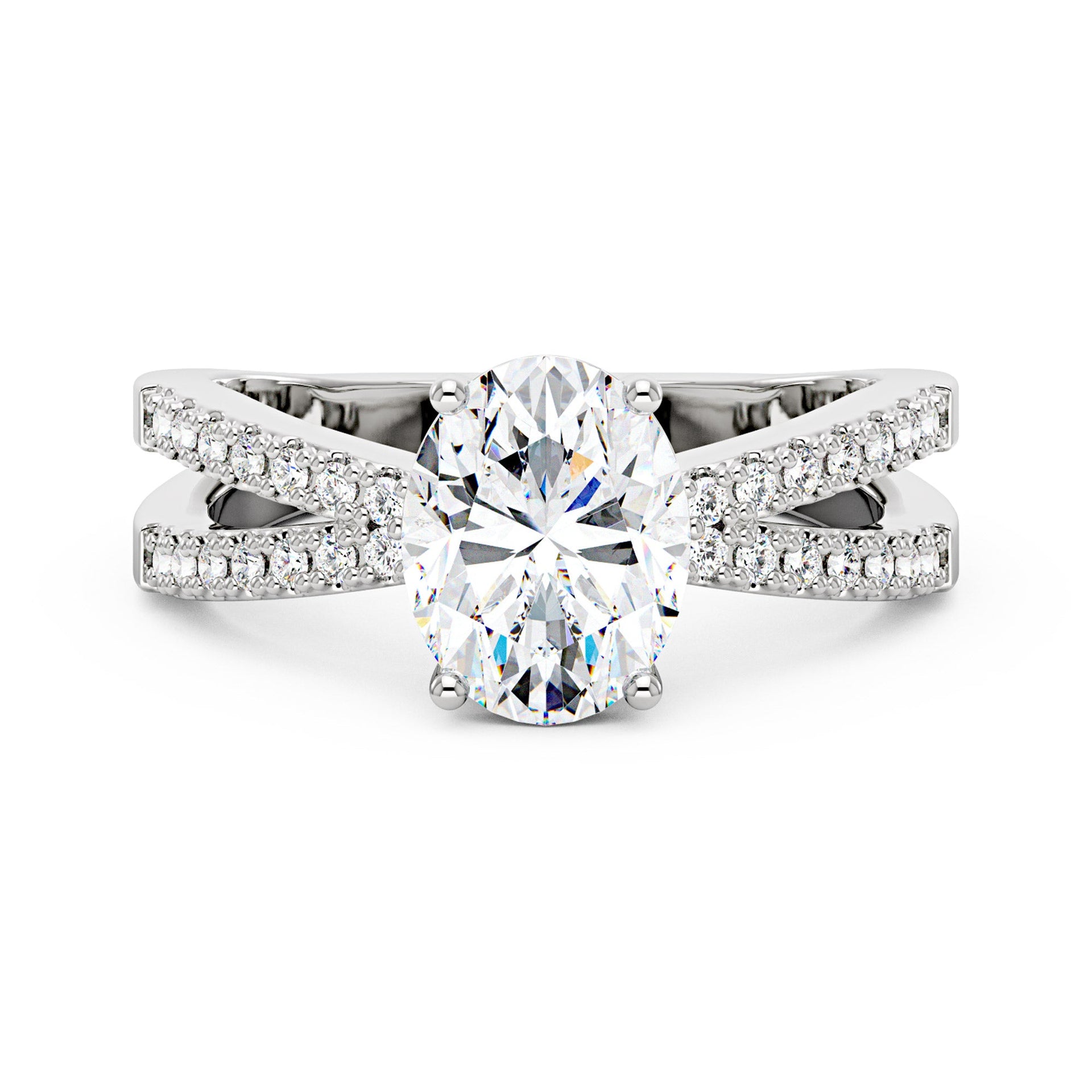 2 Carat Oval Moissanite Engagement Ring with Crossover Pavé Band