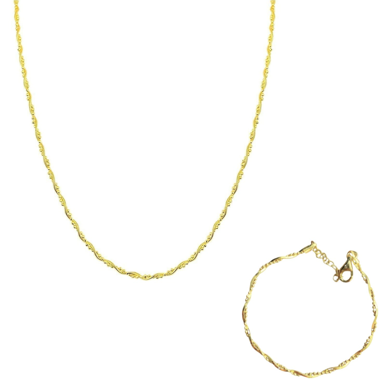 Twisted Beaded Sterling Silver Italian Chain Necklace & Bracelet Set - Gold