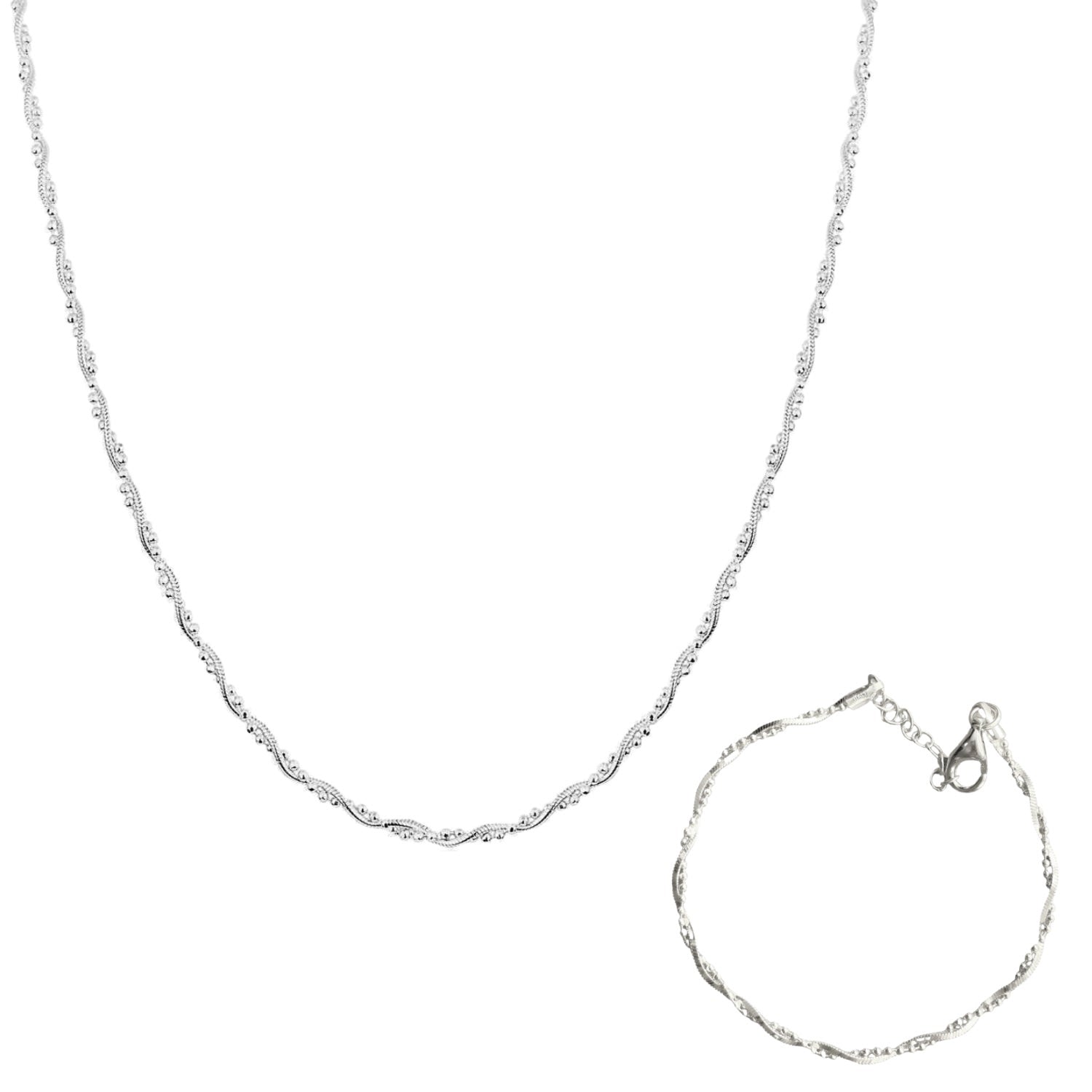 Twisted Beaded Sterling Silver Italian Chain Necklace & Bracelet Set - Silver