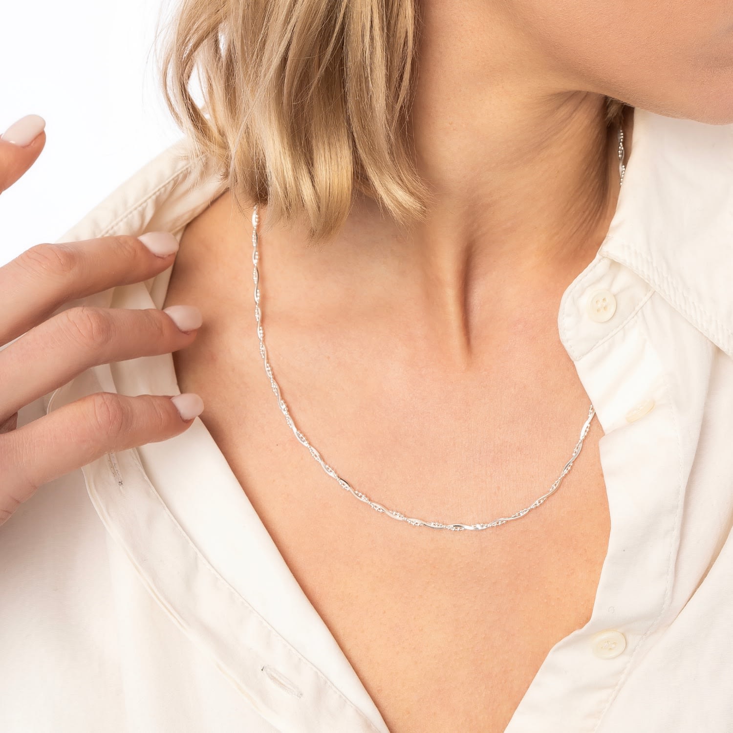 Twisted Beaded Sterling Silver Italian Chain Necklace - Silver