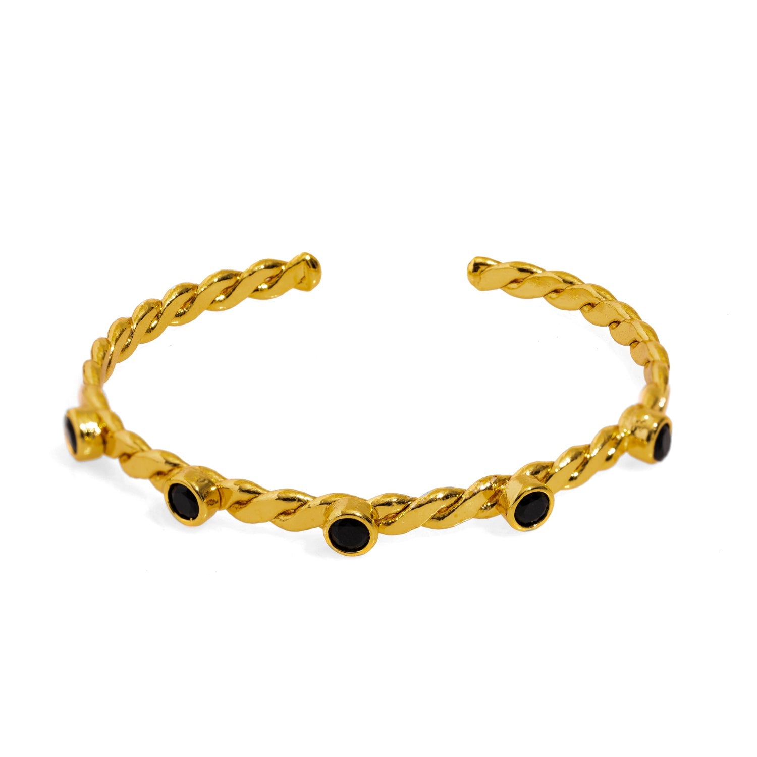 Twisted Black Onyx & Gold Dainty Cuff Bracelet - Black