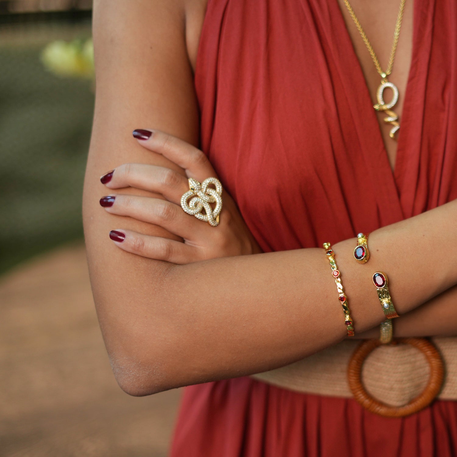 Twisted Ruby & Gold Dainty Cuff Bracelet - Ruby