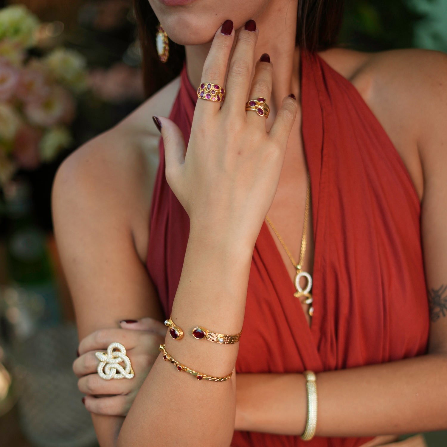 Cleopatra Ruby & Pearl Adjustable Gold Cuff Bracelet - Red