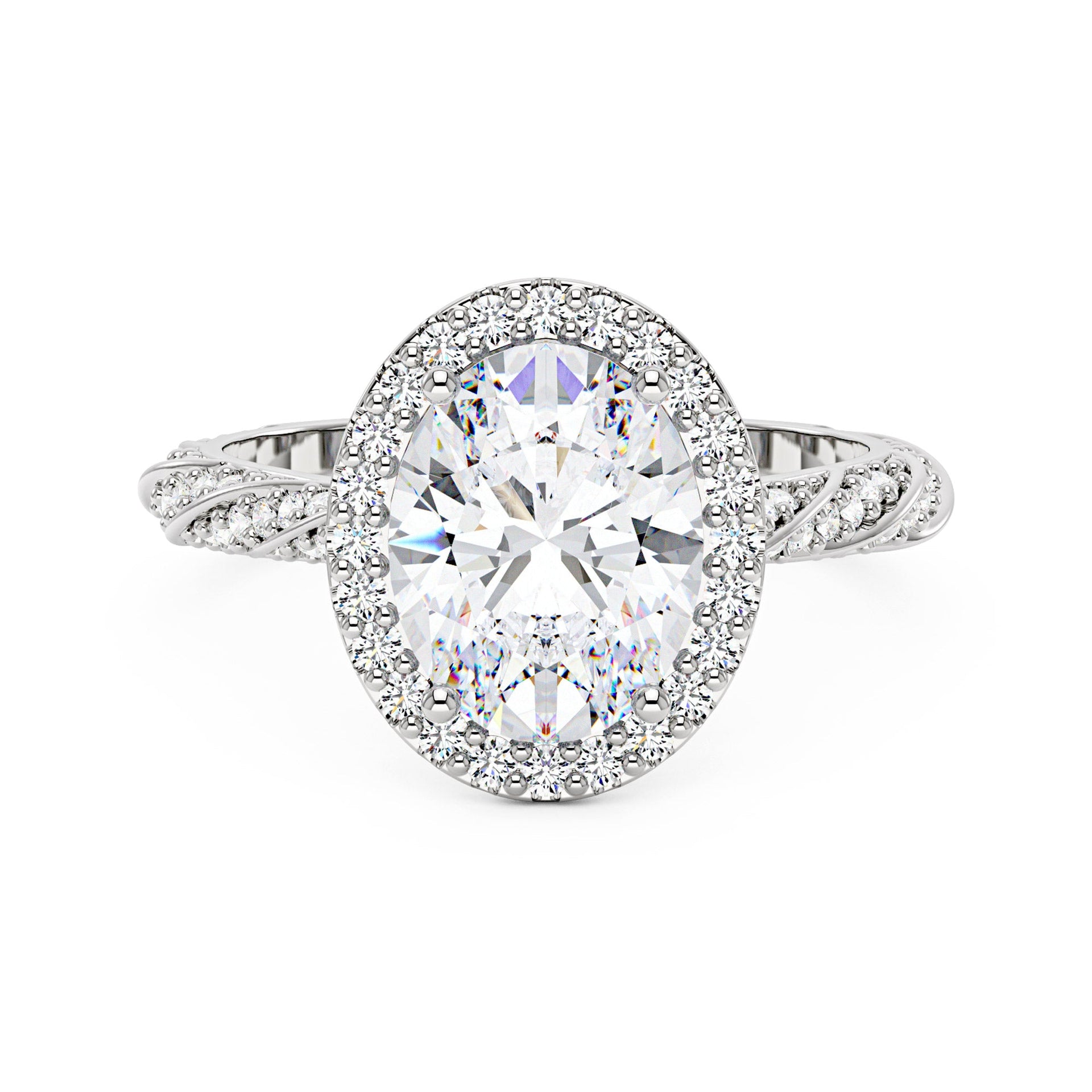 3 Carat Oval Halo Moissanite Engagement Ring with Twisted Pavé Band