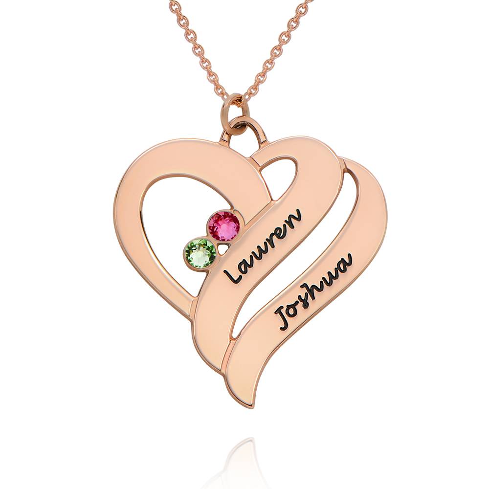 Good Anniversary Gift - Two Hearts Forever One Necklace with Birthstones - Rose Gold Plated - Personalized Necklace for Mom