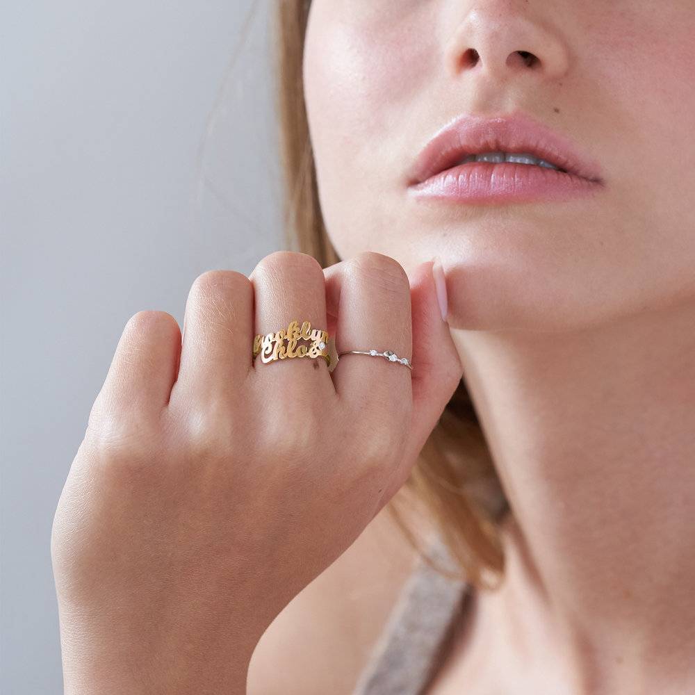 Script Double Name Ring with Diamond in 18K Gold Vermeil