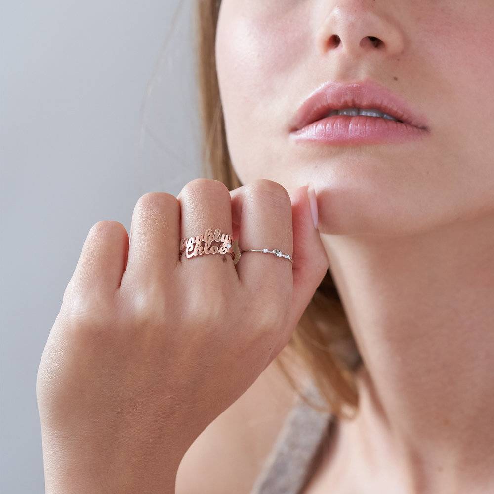 Script Double Name Ring with Diamond in 18K Rose Gold Plating