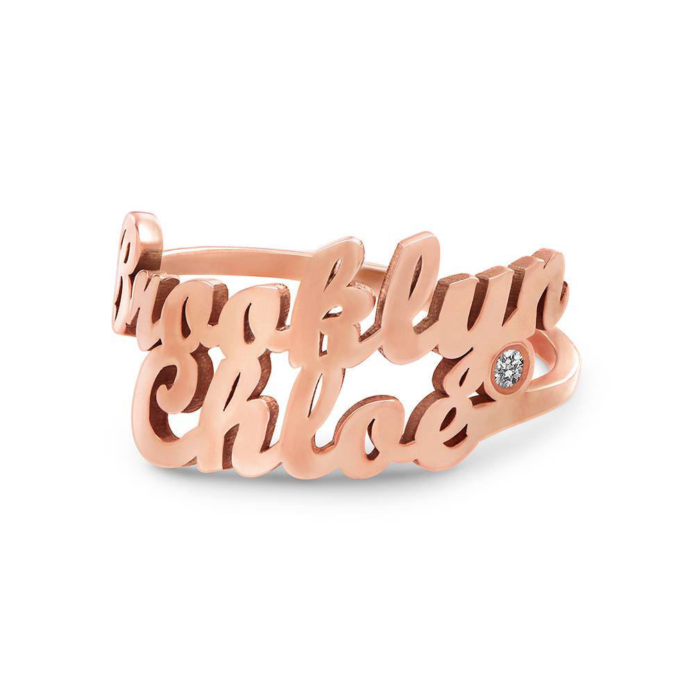 Script Double Name Ring with Diamond in 18K Rose Gold Plating