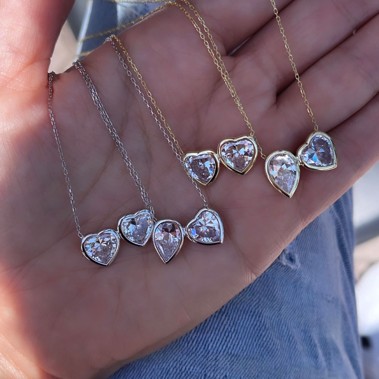 Two Stone Bezel-Set Necklace - Gold Hearts