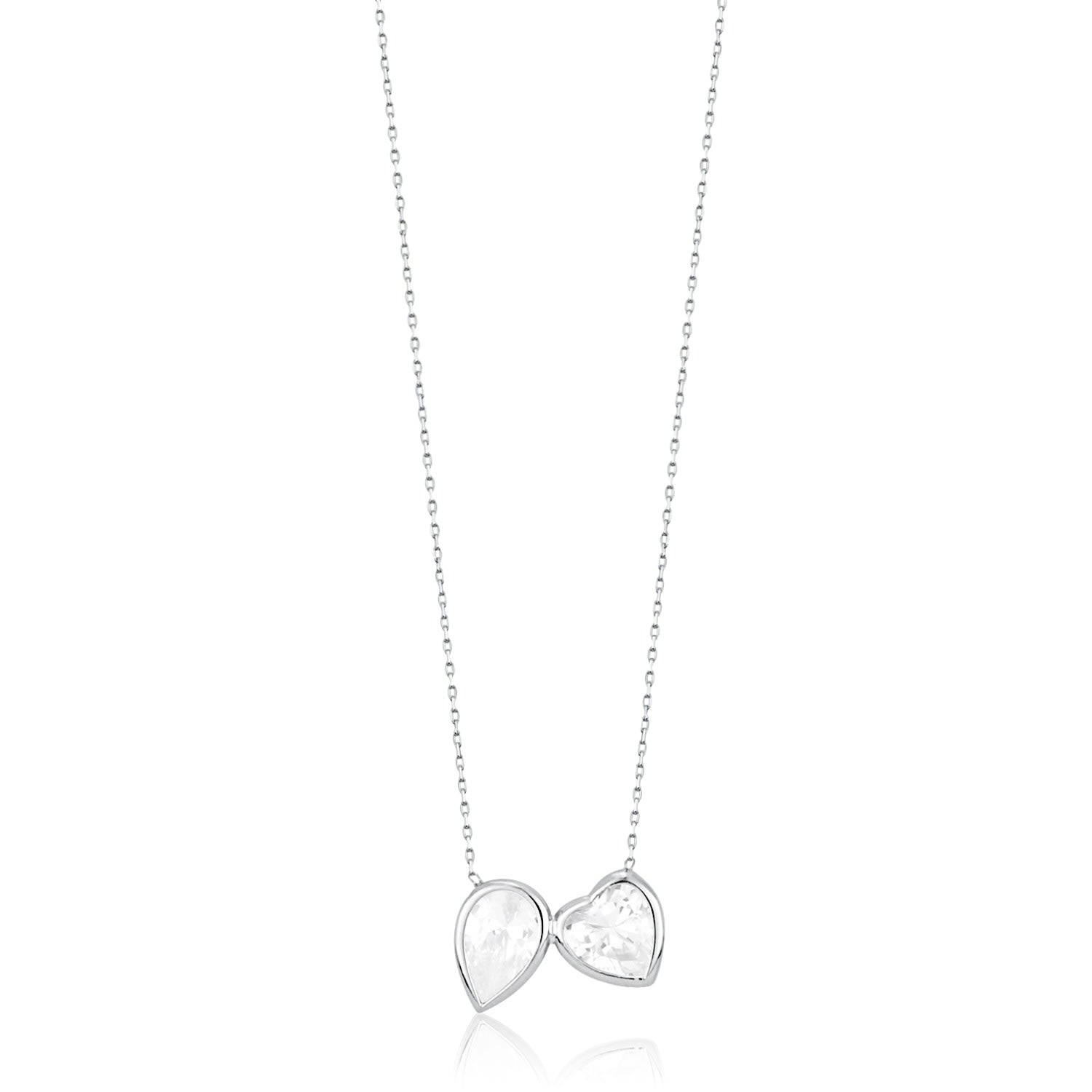 Two Stone Bezel-Set Necklace - Silver Heart & Pear