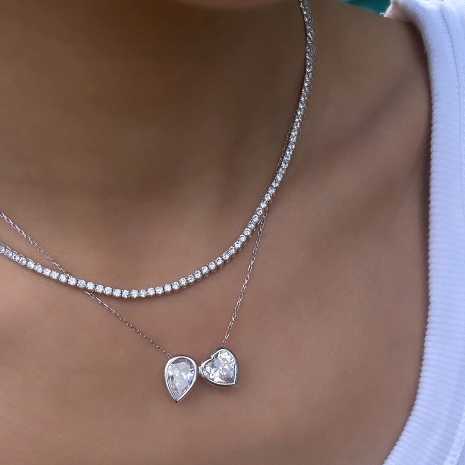 Two Stone Bezel-Set Necklace - Silver Heart & Pear