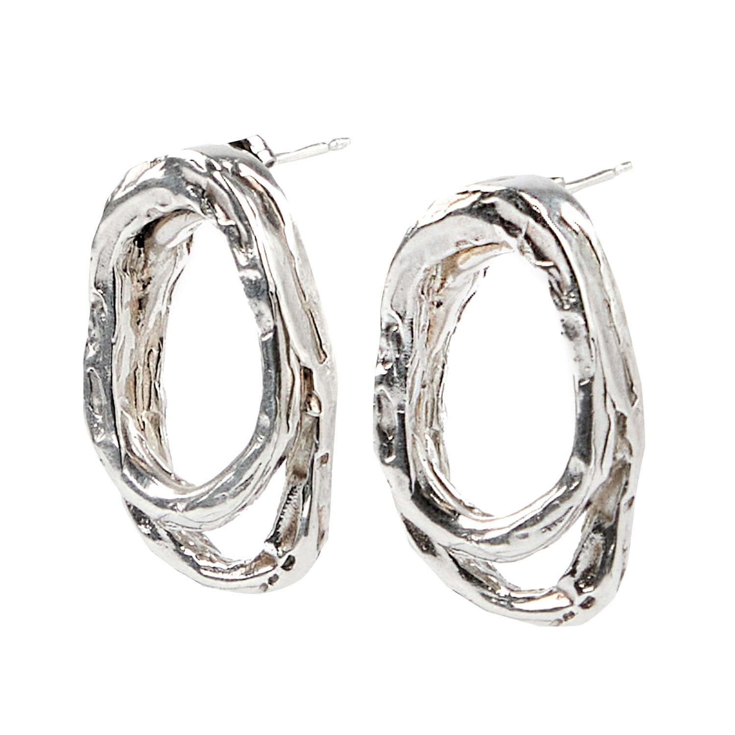 Molten Irregular Hoops Two Together Earrings - Silver
