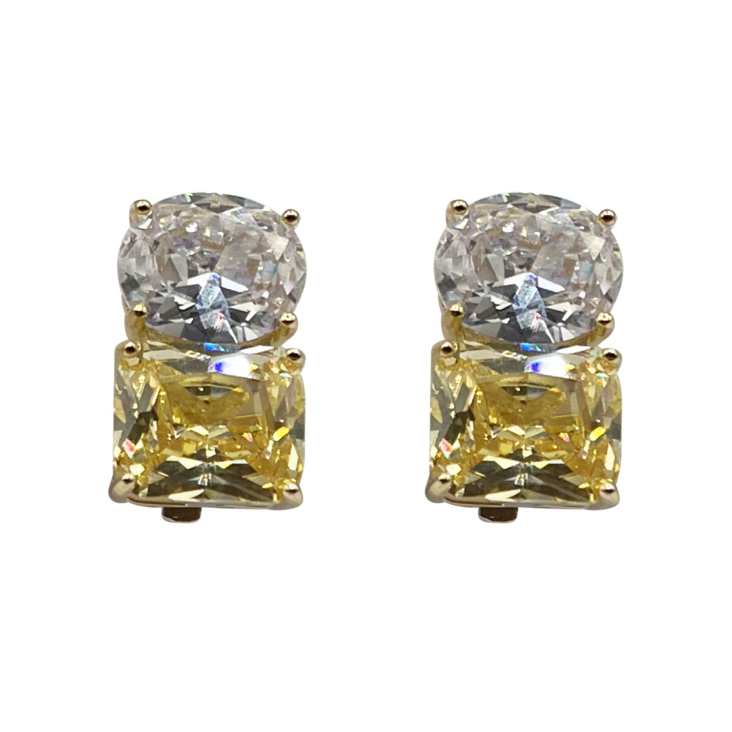 Two-Tone Canary And Diamond Cubic Zirconium Clip Earrings In Sterling Silver