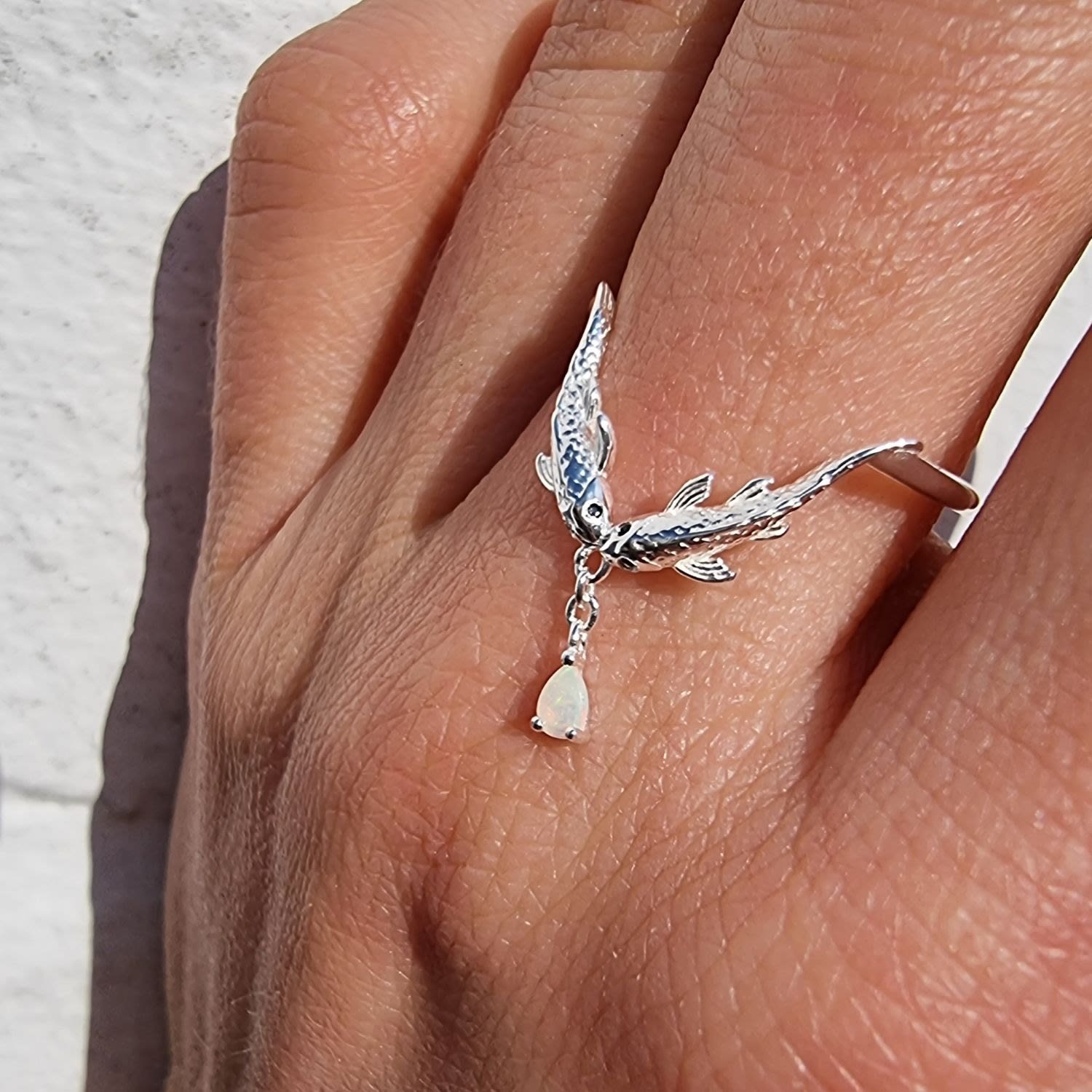 Fish Two Wishes Wishbone Ring- Opal, Silver
