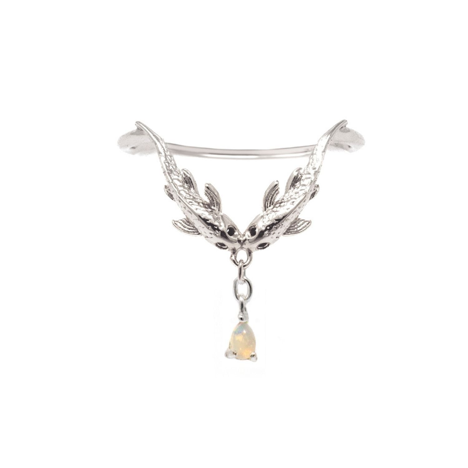 Fish Two Wishes Wishbone Ring- Opal, Silver
