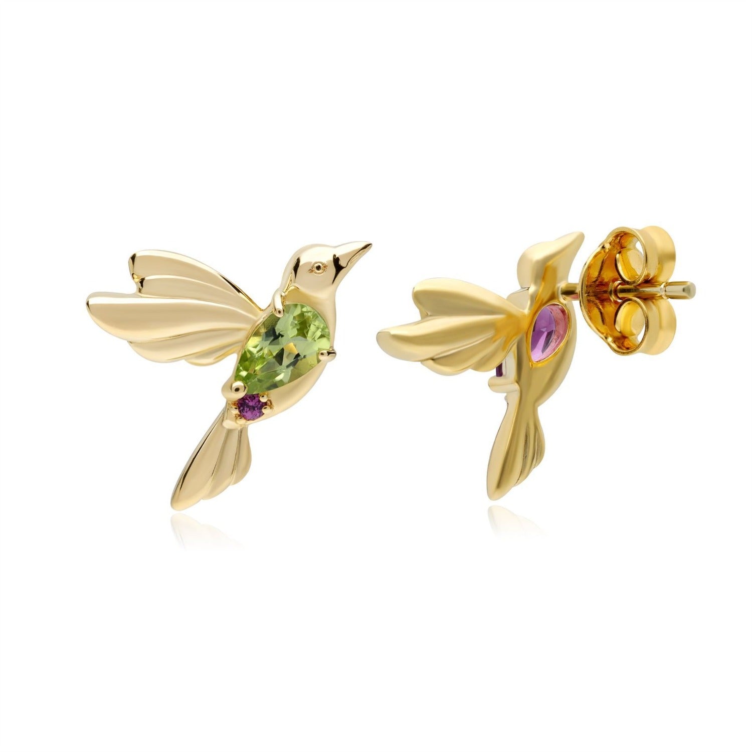 Ecfewtm 18ct Gold Plated Sterling Silver Mismatched Peridot Rhodolite Hummingbird Stud Earrings