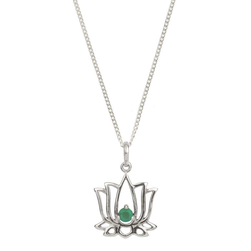Lotus Flower Silver Charm Necklace - Green Onyx