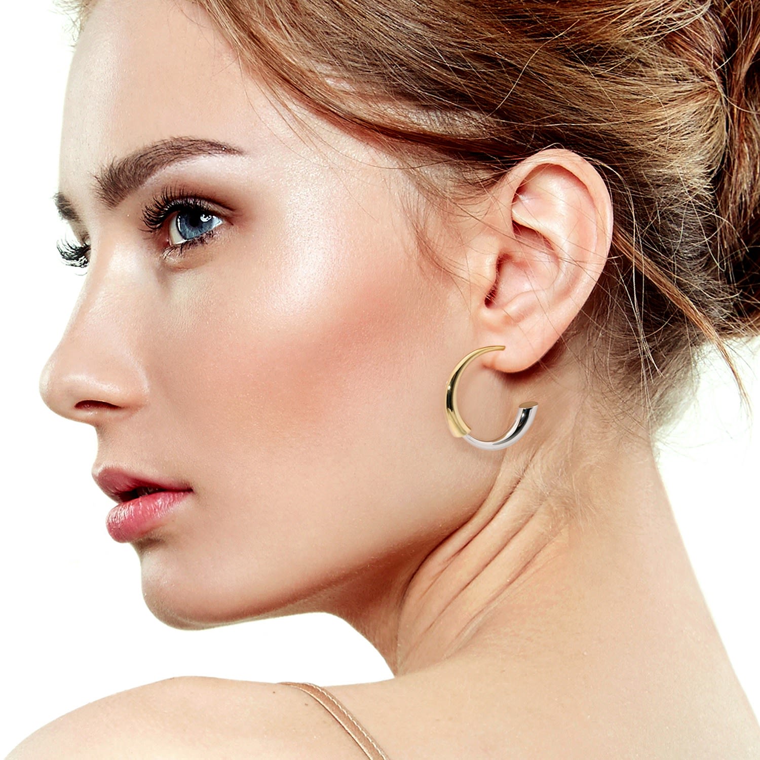 Gold And Silver Bi-Color Double Arc Hoop Earrings - Gold Top, Silver Bottom