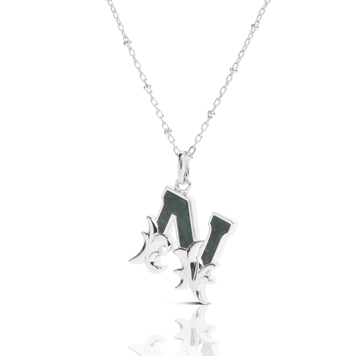 Solid Silver N Initial Necklace With Green Marble