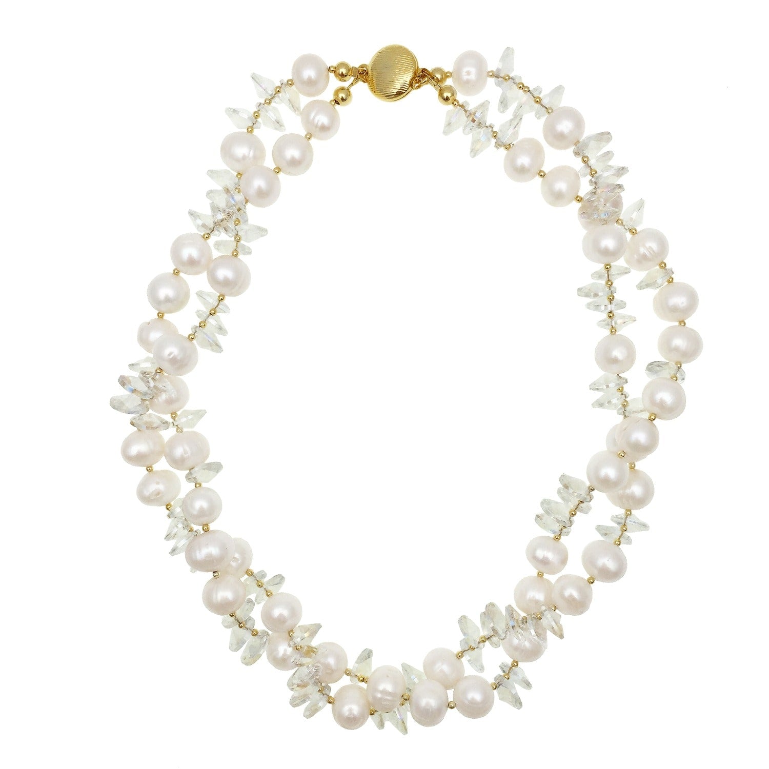 Double Strands Freshwater Pearls & White Crystal Necklace