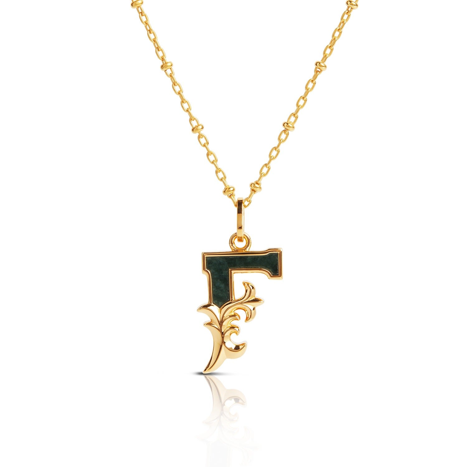 Gold Plated F Initial Necklace With Green Marble