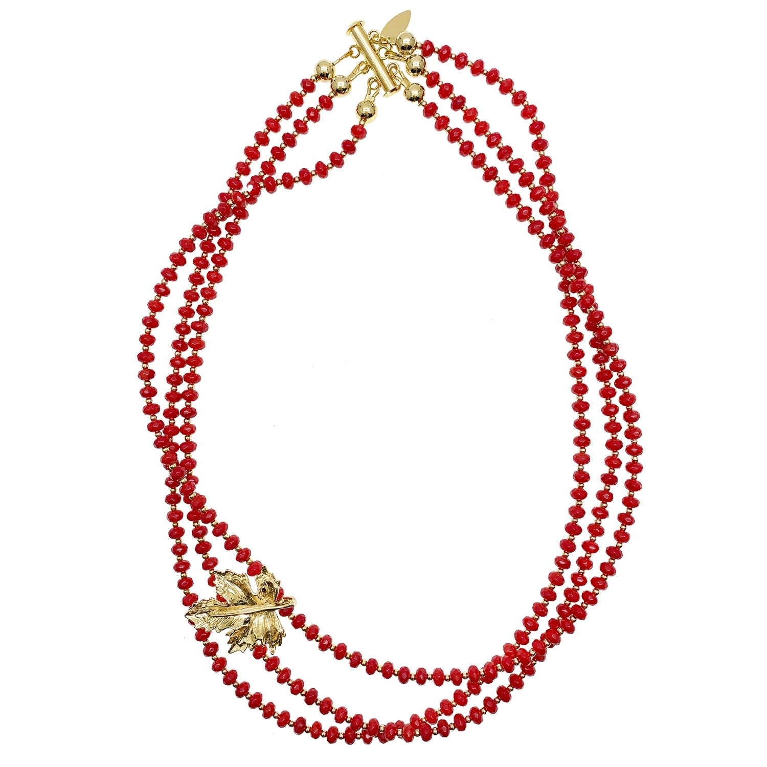 Red Coral With Maple Leaf Charm Multi Strands Statement Necklace