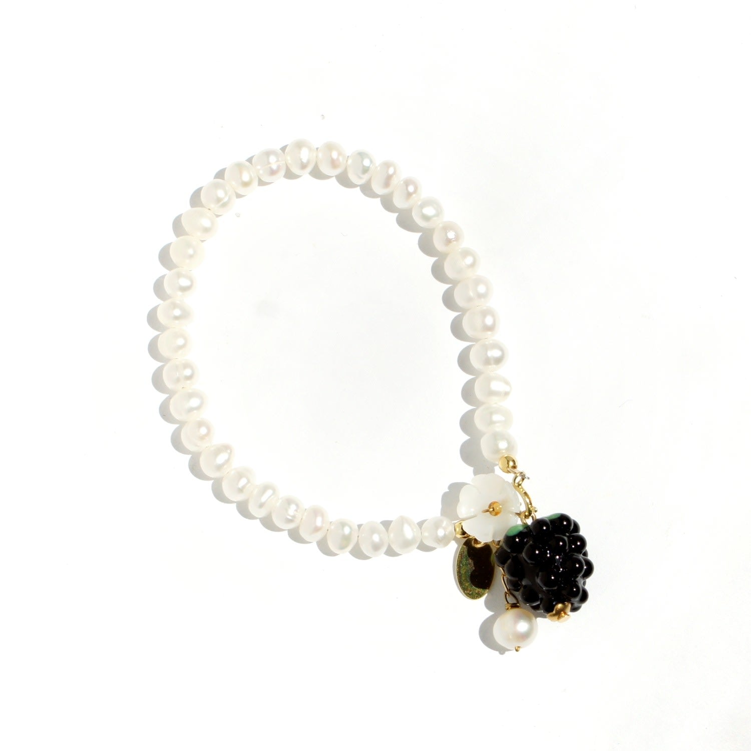 Very Berry Pearl Bracelet With Lampwork Glass Blackberry And Mother Of Pearl Flower Charm