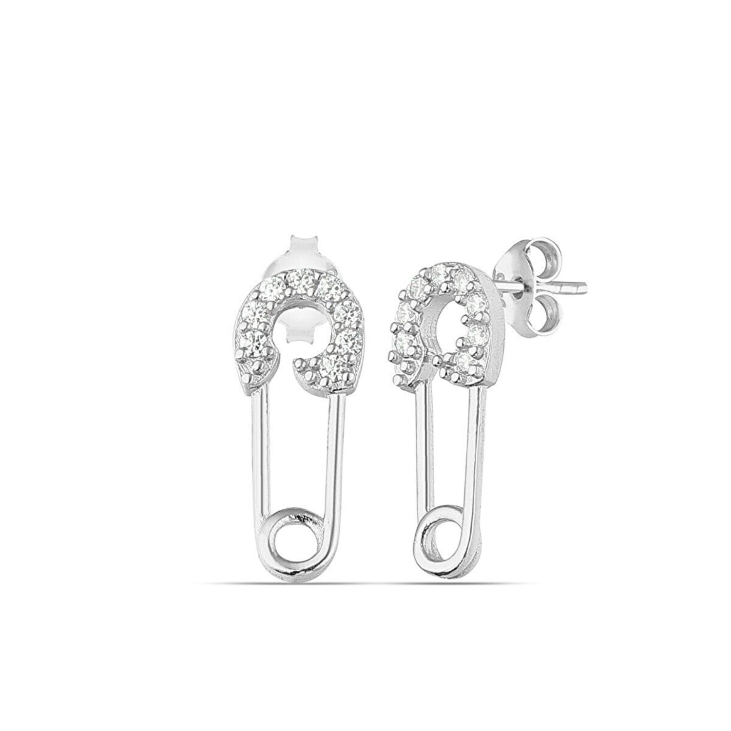 Sterling Silver Jewelled Mini Safety Pin Stud Earring - Silver