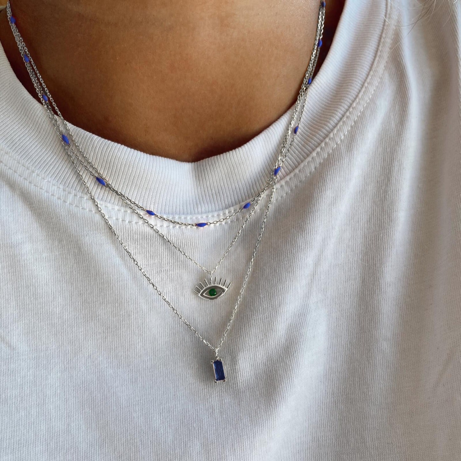 Green Eye Evil Eye Sterling Silver Necklace - Silver