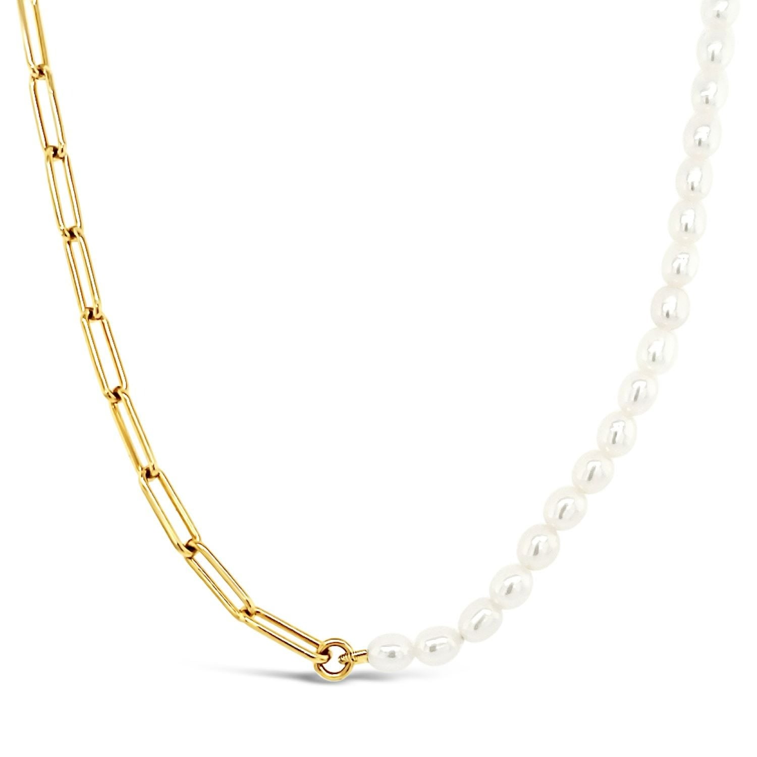 Paperclip & Freshwater Pearl Necklace - Gold