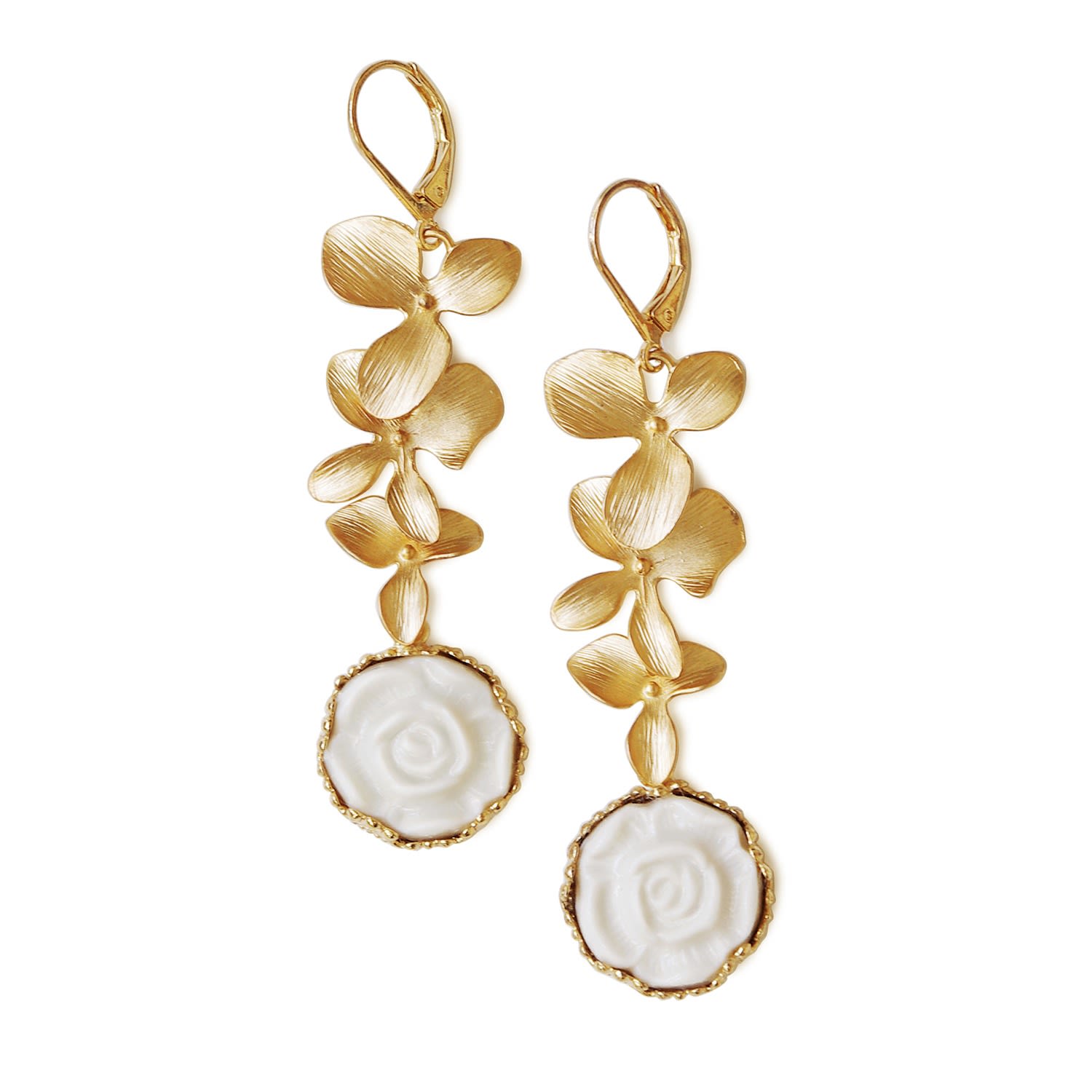 Porcelain Moonlight Rose & Triple Leaves Drop Earrings