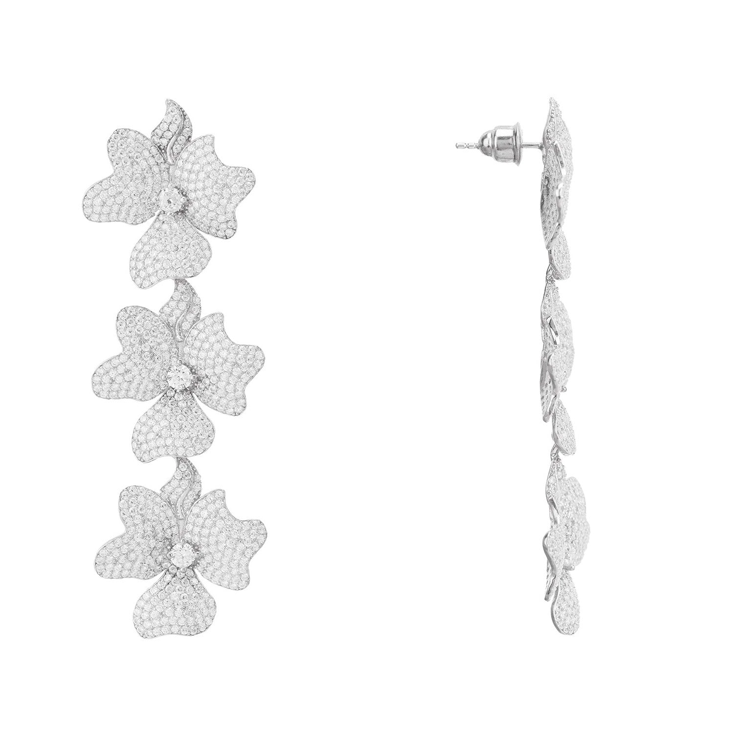 Jasmine Flower Triple Drop Earrings Silver