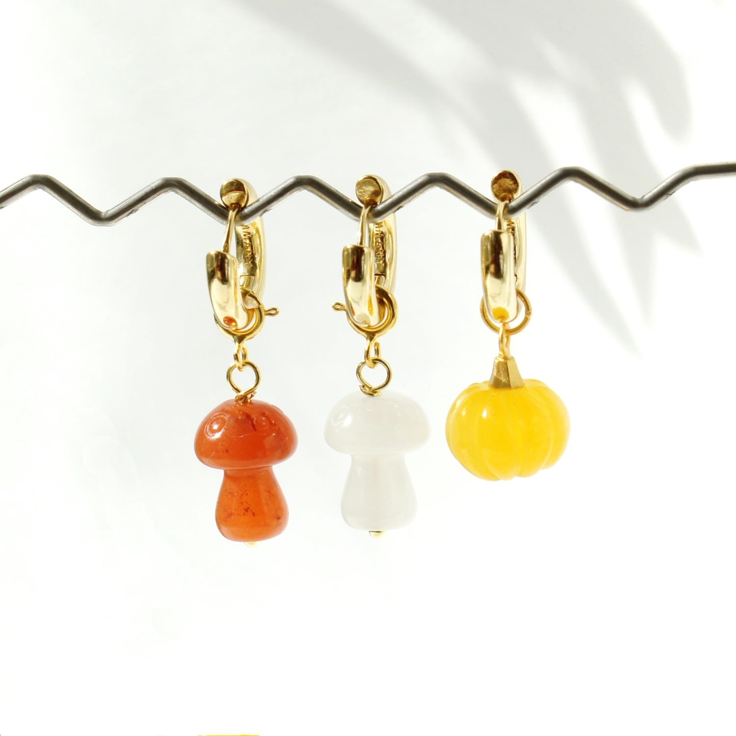 Organic Produce Detachable Mushroom & Freshwater Pearl Gold Vermeil Hoop Earrings, Caramel Jade