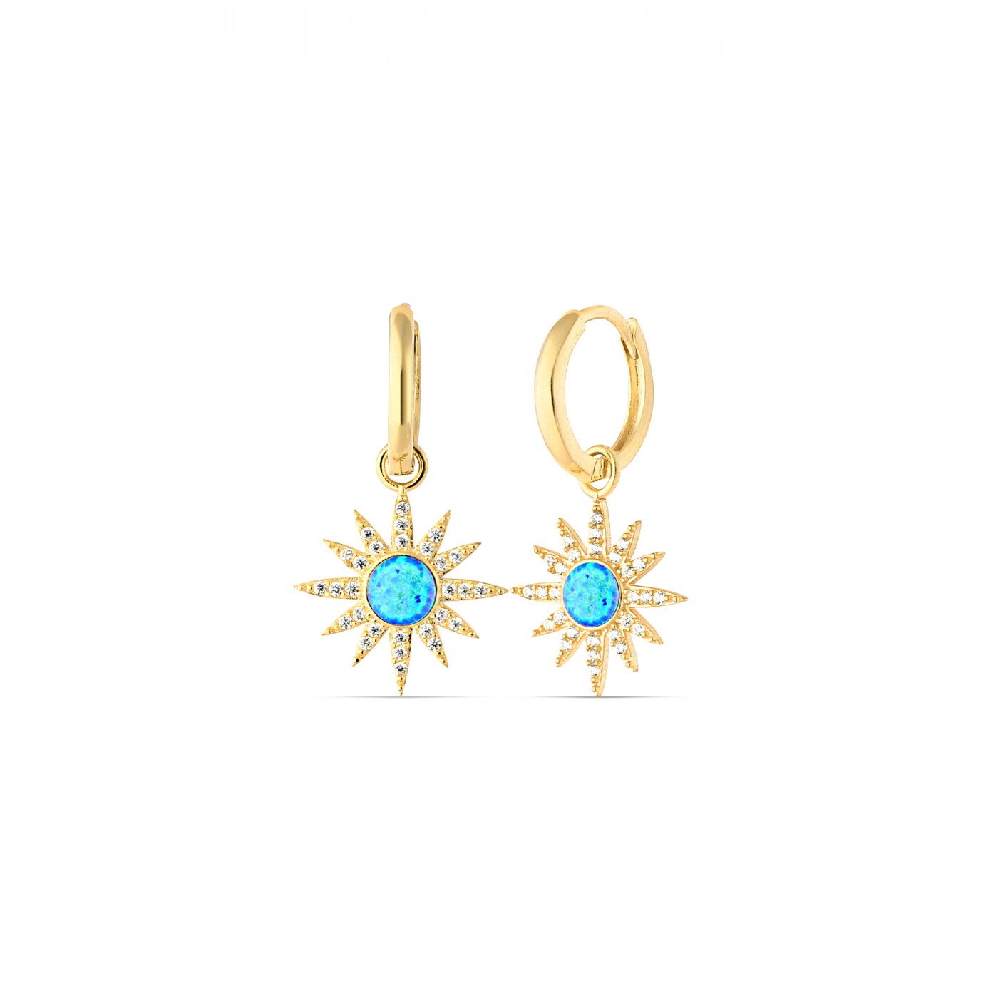 Blue Opal Sun Drop Hoop Earring Sterling Silver - Gold