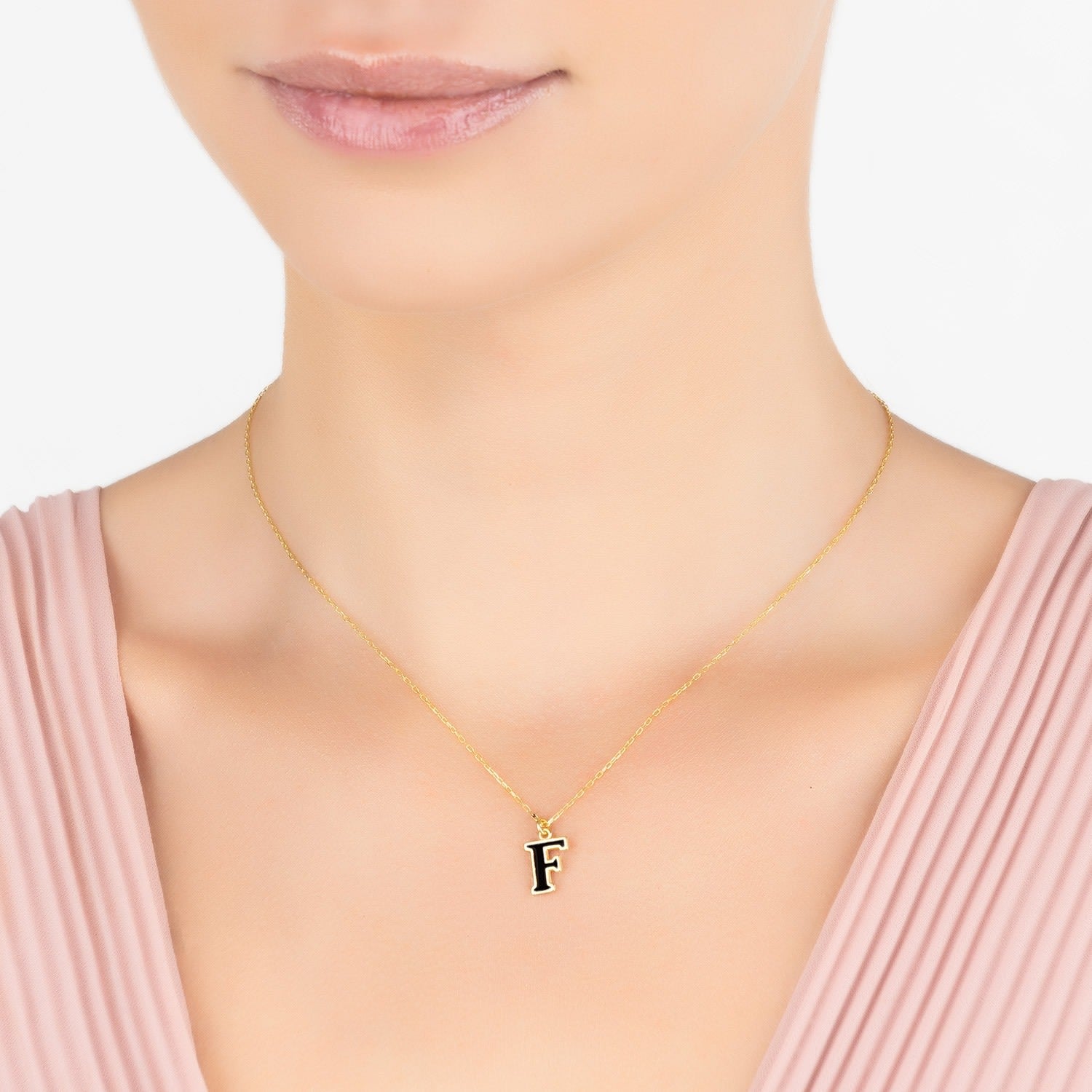 Initial Enamel Necklace Gold F