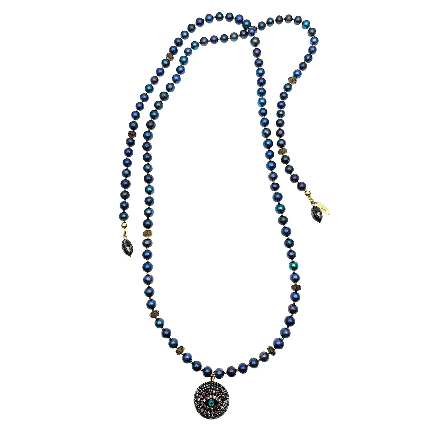 Black Pearls With Evil Eye Dangle Open Ended Necklace