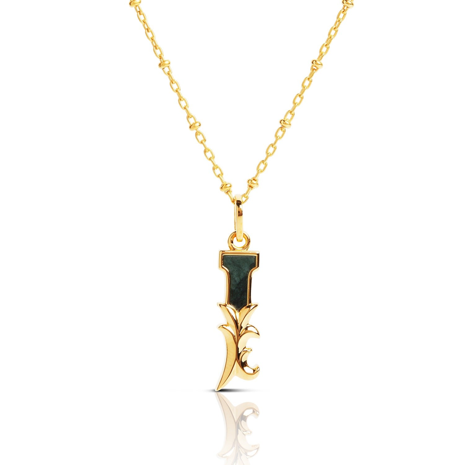 Gold Plated I Initial Necklace With Green Marble