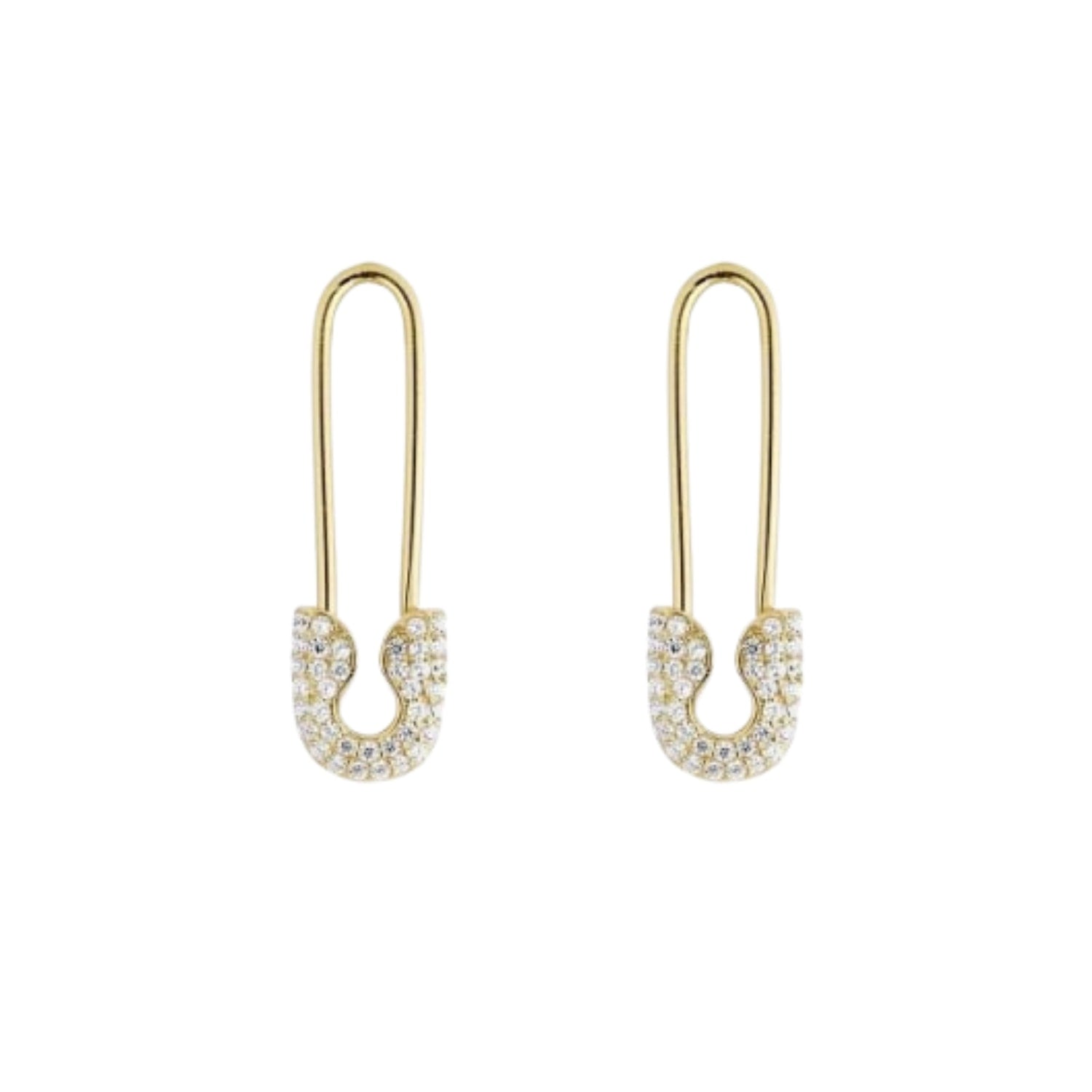Pave Safety Pin Earrings Jewelled Sterling Silver - Gold