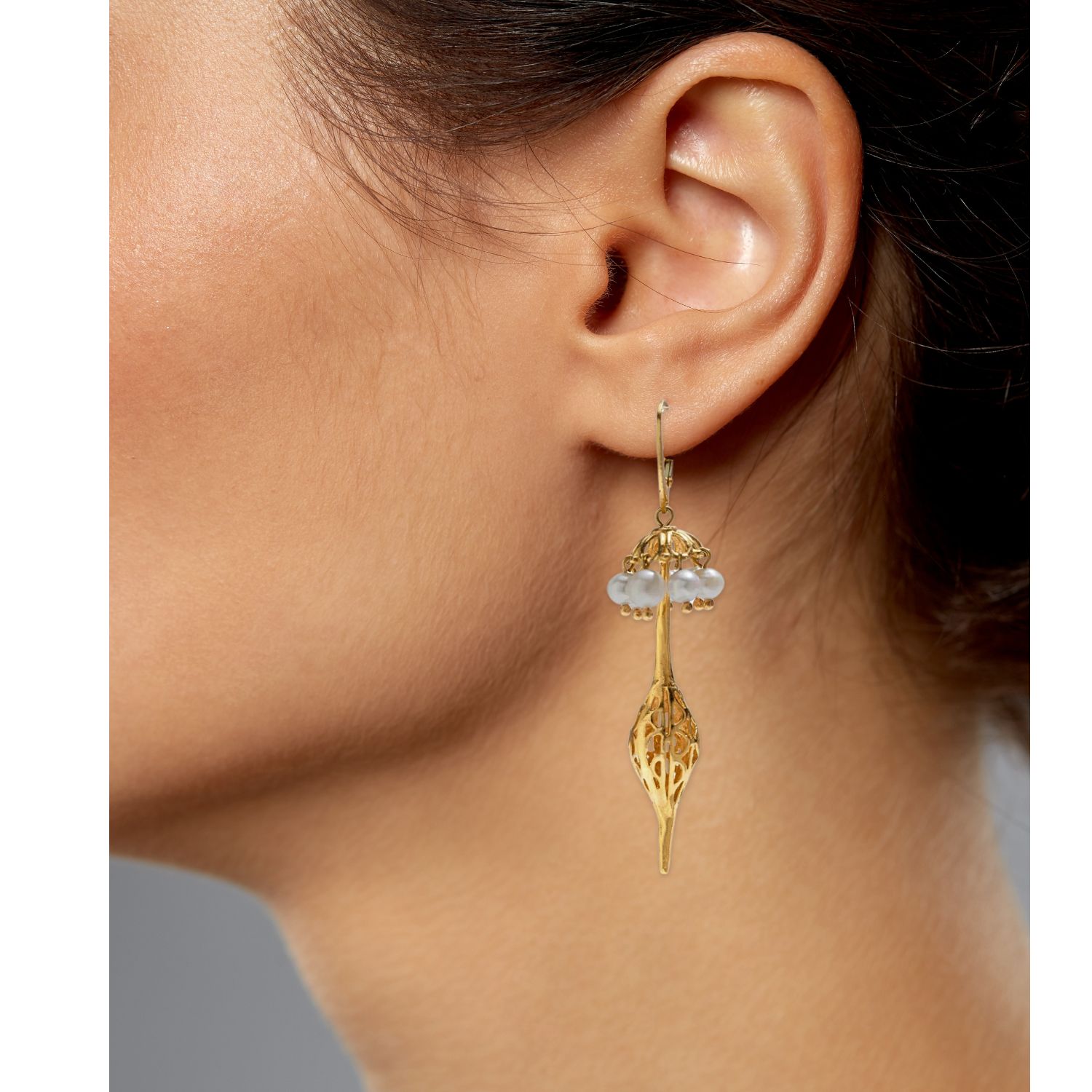 Umbrella Pearl Gold Oriental Earrings